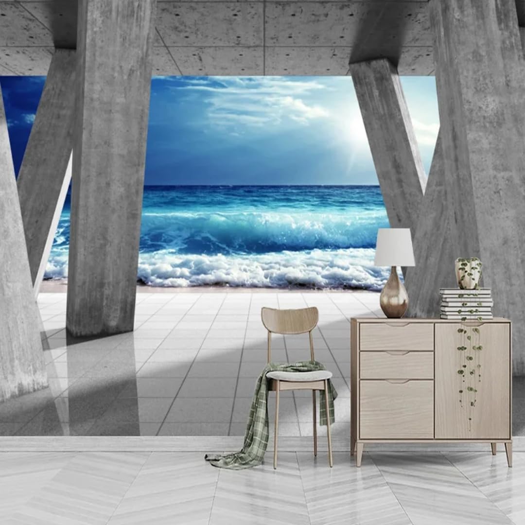 XINRUYI 3D Mural Wallpaper Stone Pillars Waves Landscape Wallcovering Art Stickers Bedroom Living Room Decoration