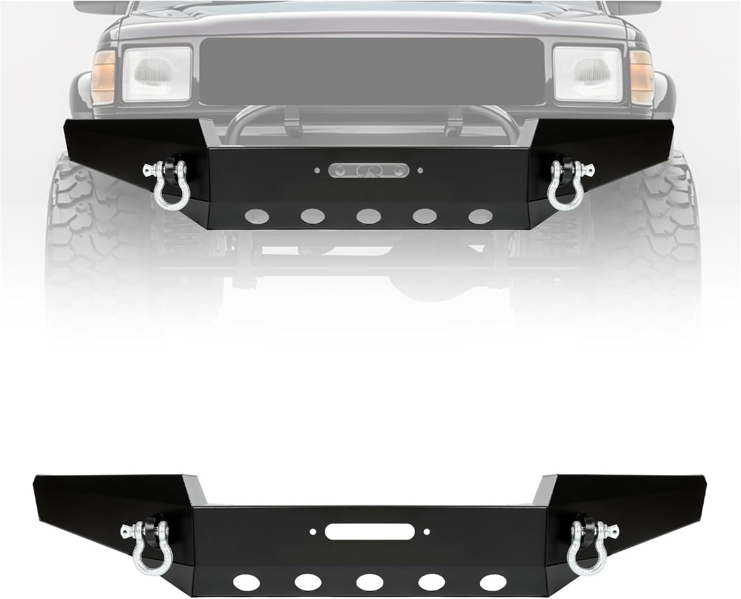 KUAFU Front Bumper Compatible with 1999 2000 2001 2002 2003 2004 Jeep Grand Cherokee WJ W/Winch Plate & D-rings Textured Black Steel Powder Coated