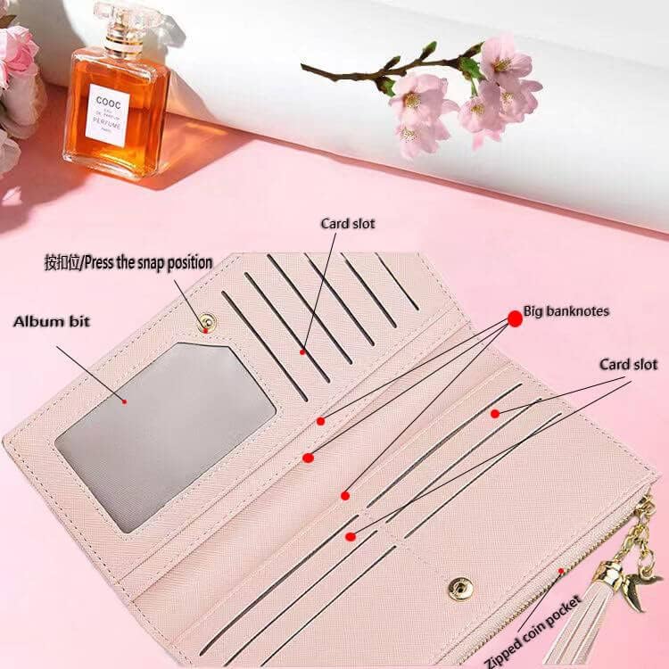 Miniatura 4 de Cartera larga para mujer con borla - Funda plegable de piel sintética delgada para tarjetas de crédito con bolsillo con cremallera, Rosado, Cartera