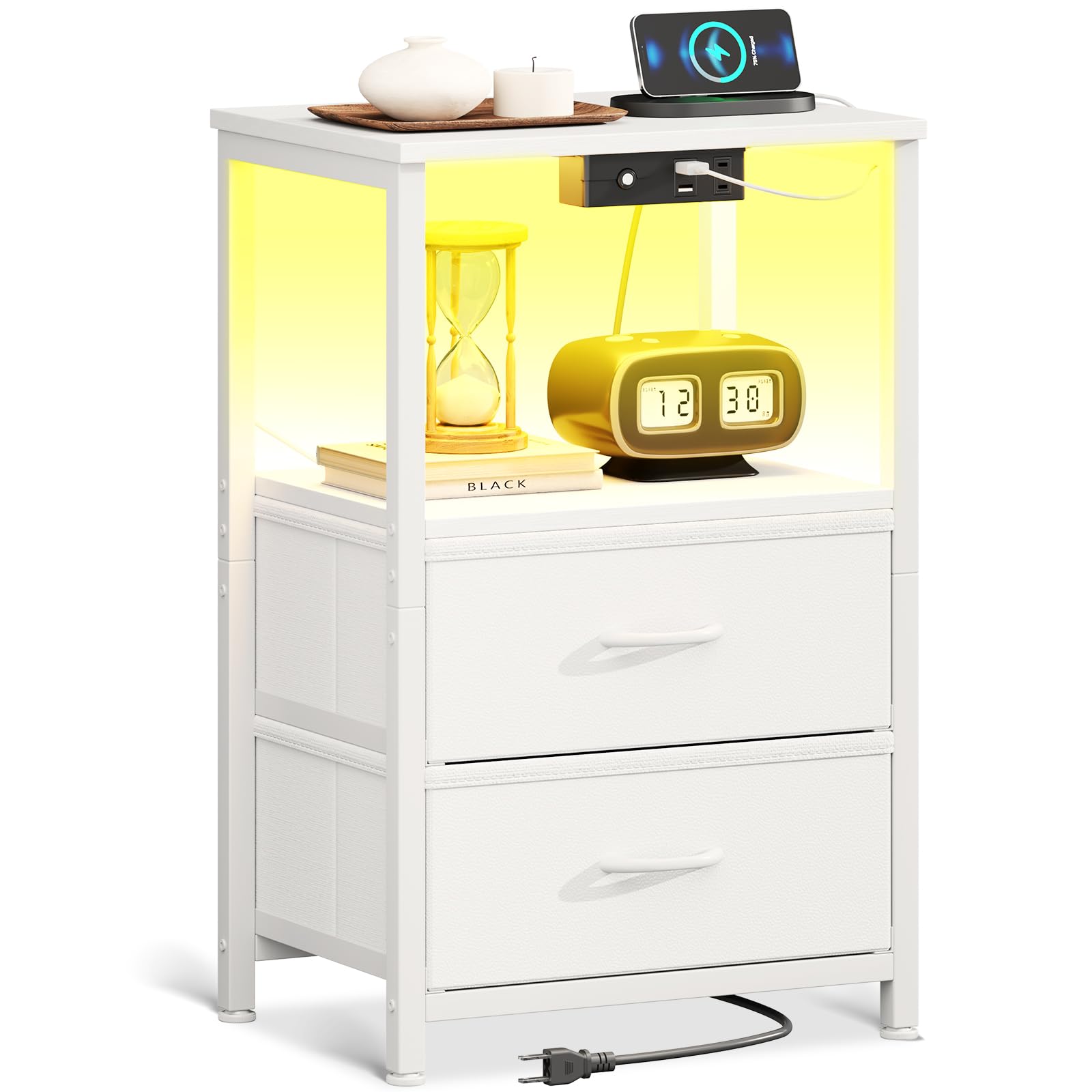 Casaottima White Night Stand with Charging Station and LED Lights, End Table for Bedroom with 2 Fabric Drawers, Small Nightstand with Storage Shelf,