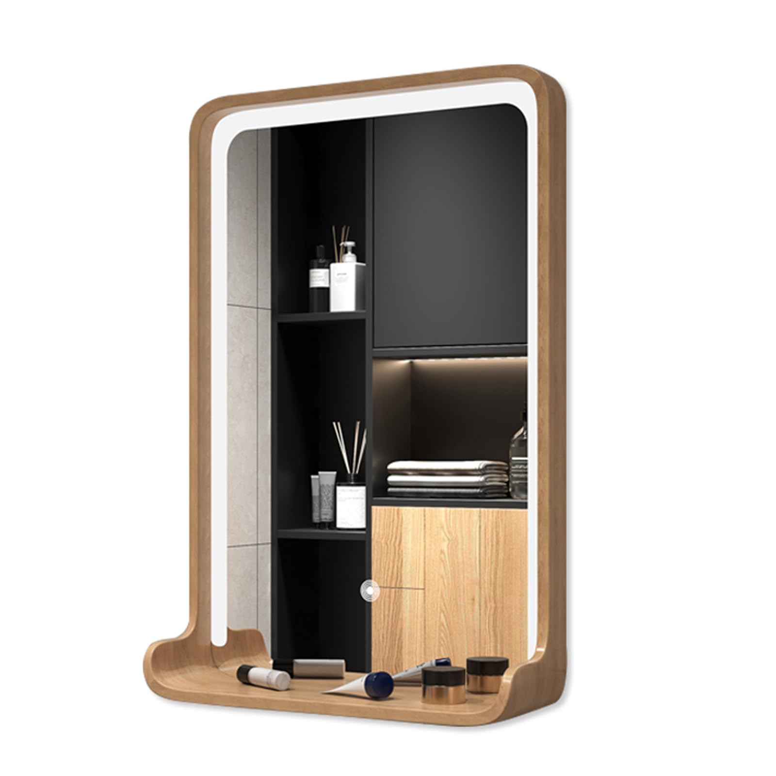 SXFSDOU Illuminated Bathroom Mirror with Touch Switch Dimmable 3 Light Colors Wood e Cosmetic Vanity B50x70cm/20x28in - Perfect for Decor