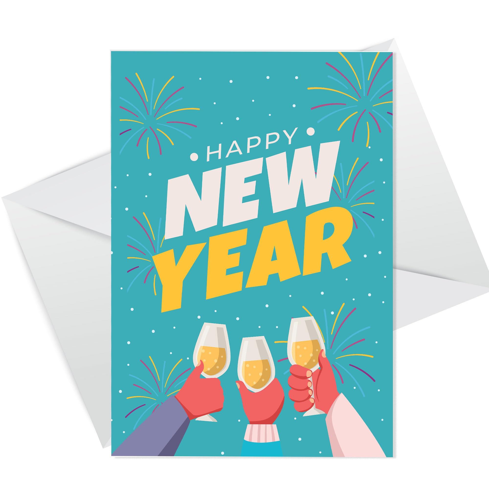 RED OCEAN Happy New Year Greetings Card With White Envelope, New Year Card For Friends and Family, New Years Eve Celebration Card For Colleagues Neighbours Friends
