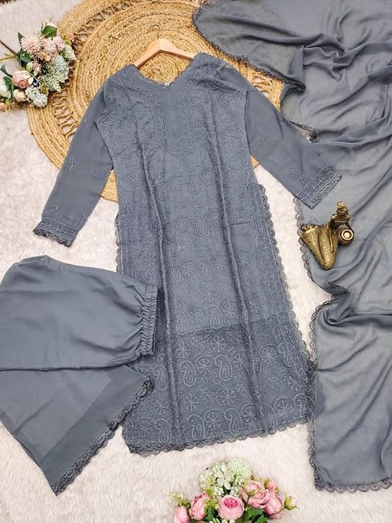 Image of Women's Chikankari Embroidered 3 Piece Suit Set in Faux Georgette - Long Gown Style Kurta with Lining with Dupatta