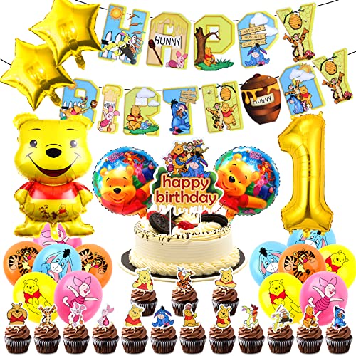 37 Pcs Décoration de Fête Winnie the Pooh,Ballons de Fête Winnie L'ourson,Winnie Pooh Décoration Gâteau,Winnie L'ourson Bannière Anniversaire,Decoration Anniversaire Winnie L'ourson pour 1 ans Enfants