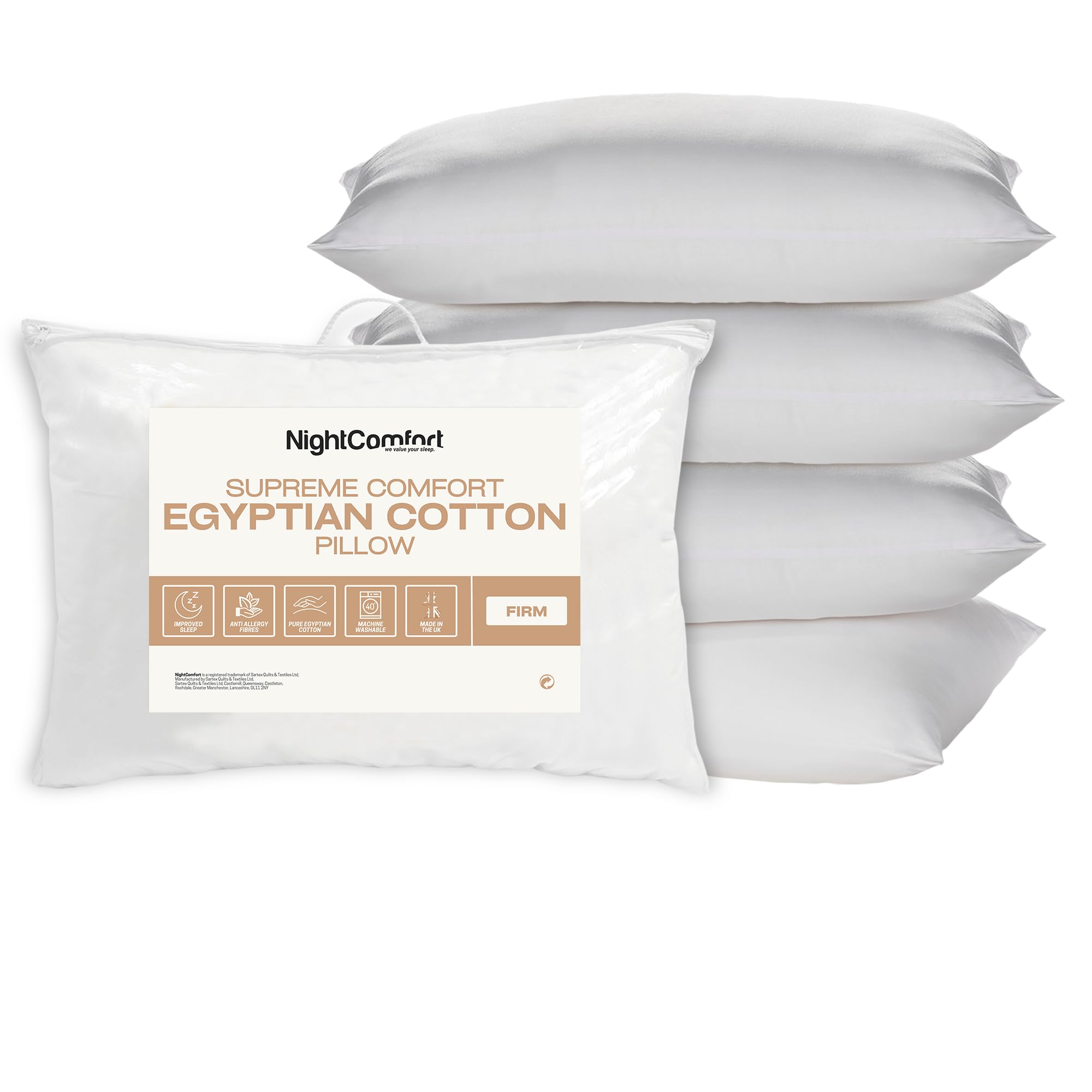 Night Comfort Egyptian Cotton Fabric Anti-Allergy White Pillow Pack of 4 – Hypoallergenic Breathable Firm Support Pillows for Side Sleepers Filled with Bouncy Hollowfibre (46cm x 74cm)