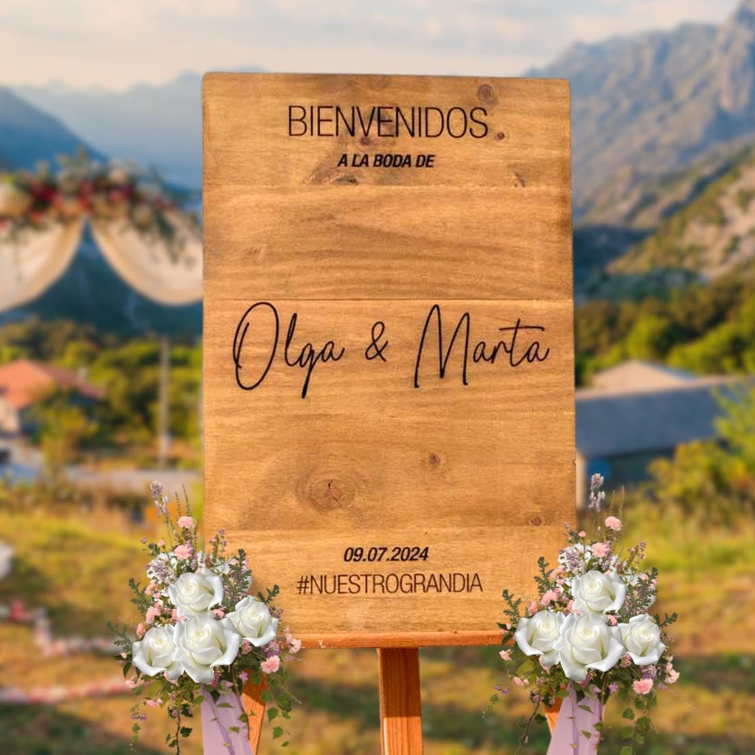 Cartel de Boda Personalizado en Madera Maciza de Pino, Ideal Cartel Bienvenida para Bodas Rústicas, Bodas al Aire Libre, Cartel de Madera Para Boda, Comunión, Bautizo, Eventos, Medidas 60 x 40 cm