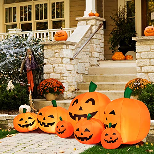 Tangkula 7.5 Ft Halloween Decorations Inflatable Pumpkin Patch, Blow Up 7 Pumpkins Family with Build-in LED, Inflatable Jack-o-Lantern for Indoor Outdoor Front Yard Halloween Party