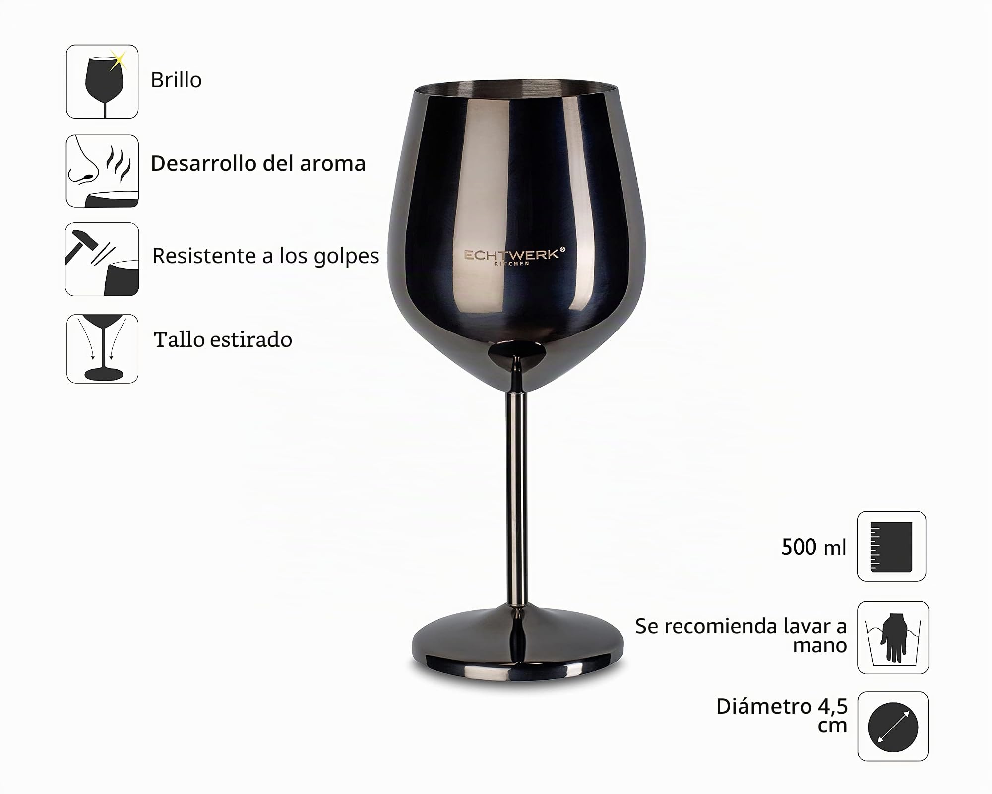 ECHTWERK copas de vino de acero inoxidable inastillables, juego de copas de vino, copa de vino tinto, copas de cata de vino, robustas, irrompibles, Black Edition, 6pzs, 21x 7,3cm, 0,5L