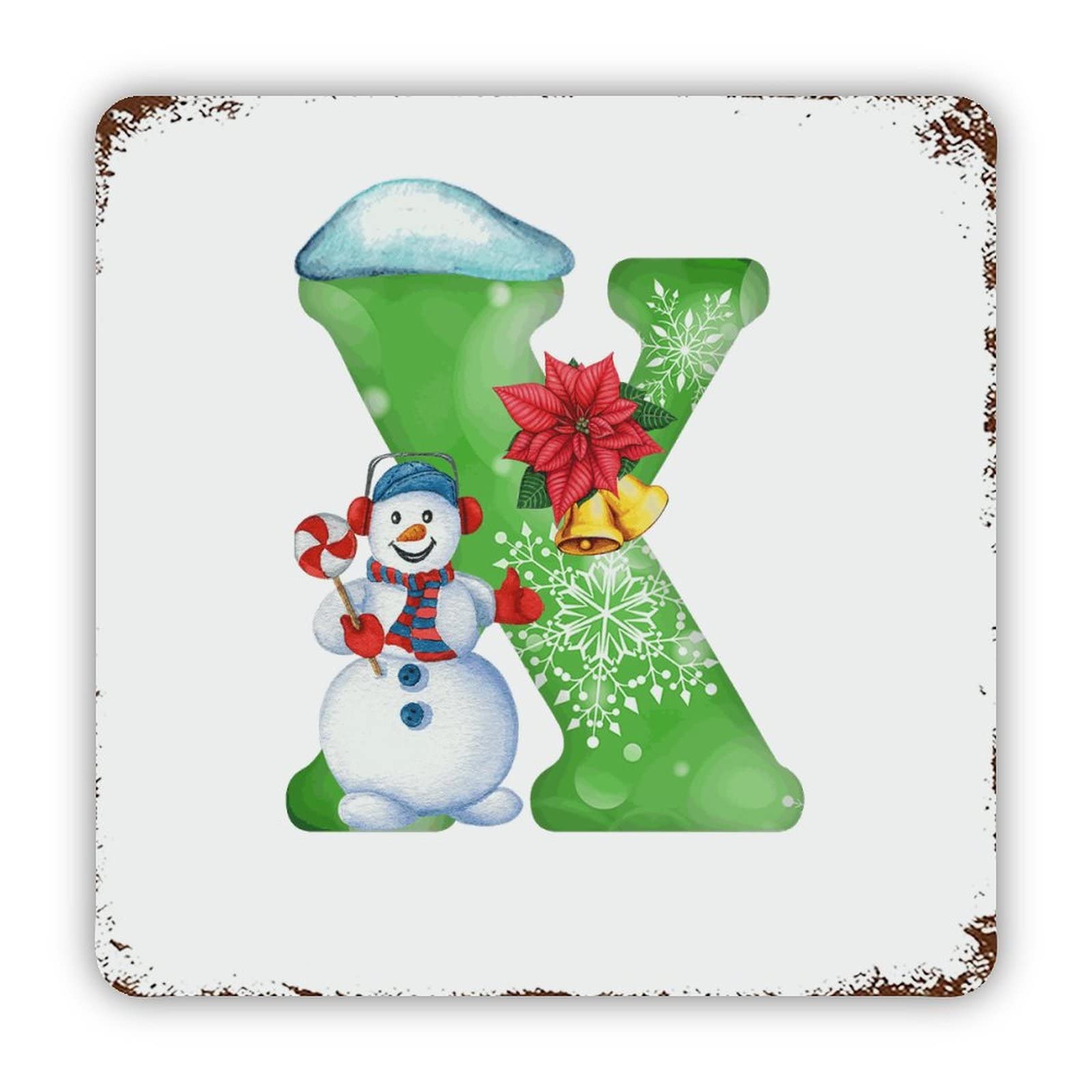 ENEDNATE Farmhouse Rustic Aluminum Sign Christmas Snowman Monogram Initial Letter X Metal Sign Retro Aluminum Tin Sign for Kitchen Bedroom Living Room Wall Art Door Hanger Home Decor Sign 12x12 Inch