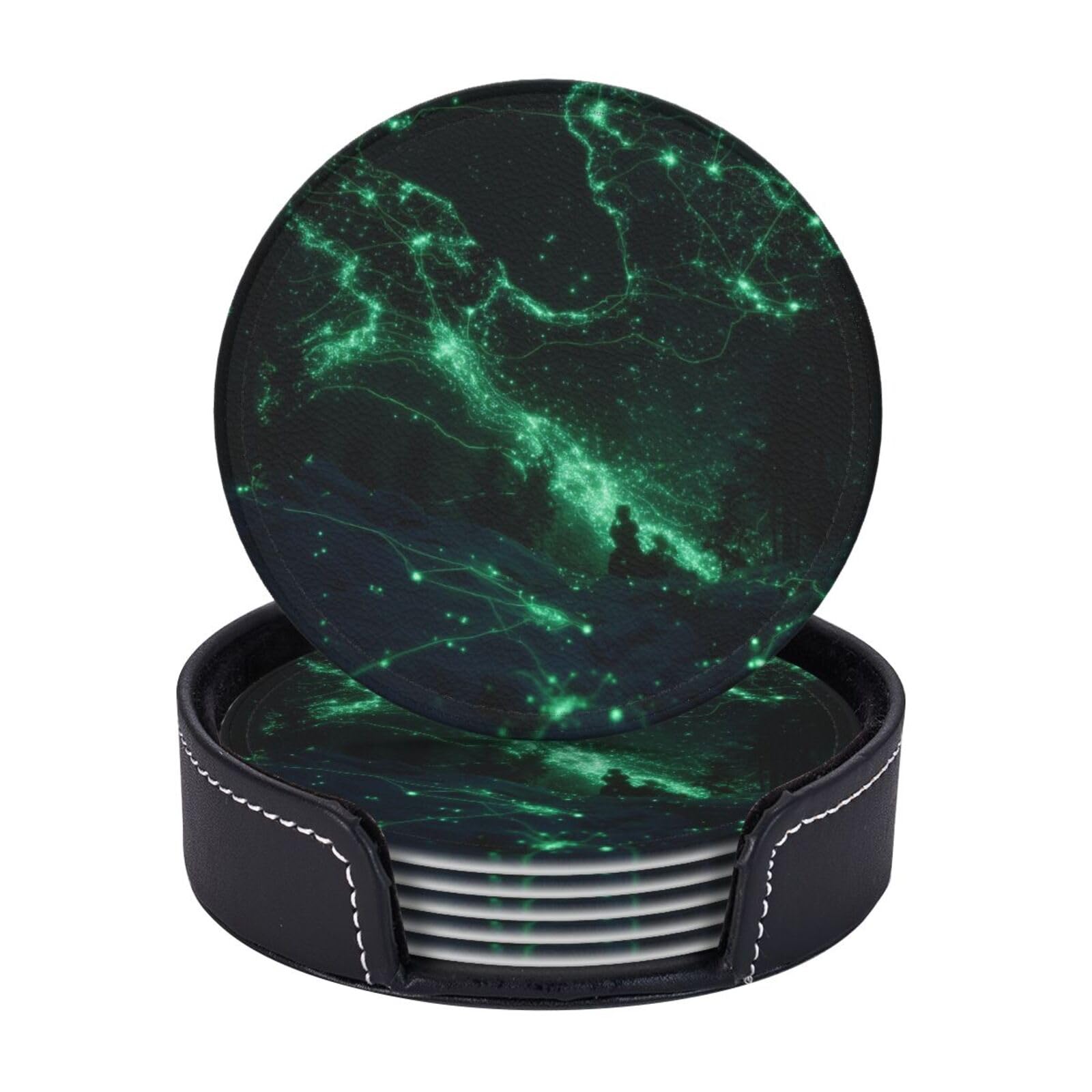 Drink Coasters 6Pcs Round Leather Coaster with Holder Glow in The Dark Coasters for Drinks Coffee Cup Mat Heat Resistant Coaster for Tabletop Protection Desk Accessories Office Home Decor
