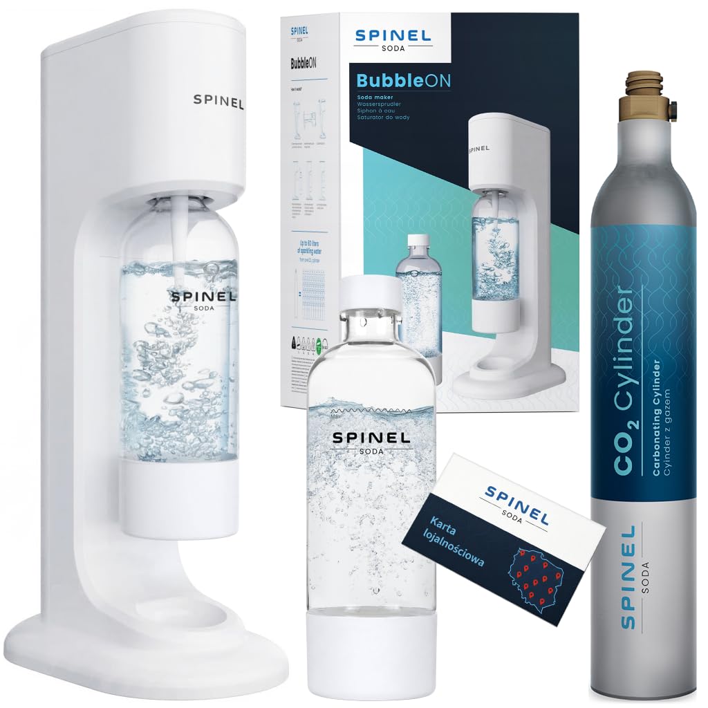 Spinel Soda BubbleOn gazéificateur d'eau gazeuse – Kit de démarrage avec cartouche de CO2, bouteille 1 l sans BPA – Blanc – Réglage du niveau de carbonatation jusqu'à 60 l