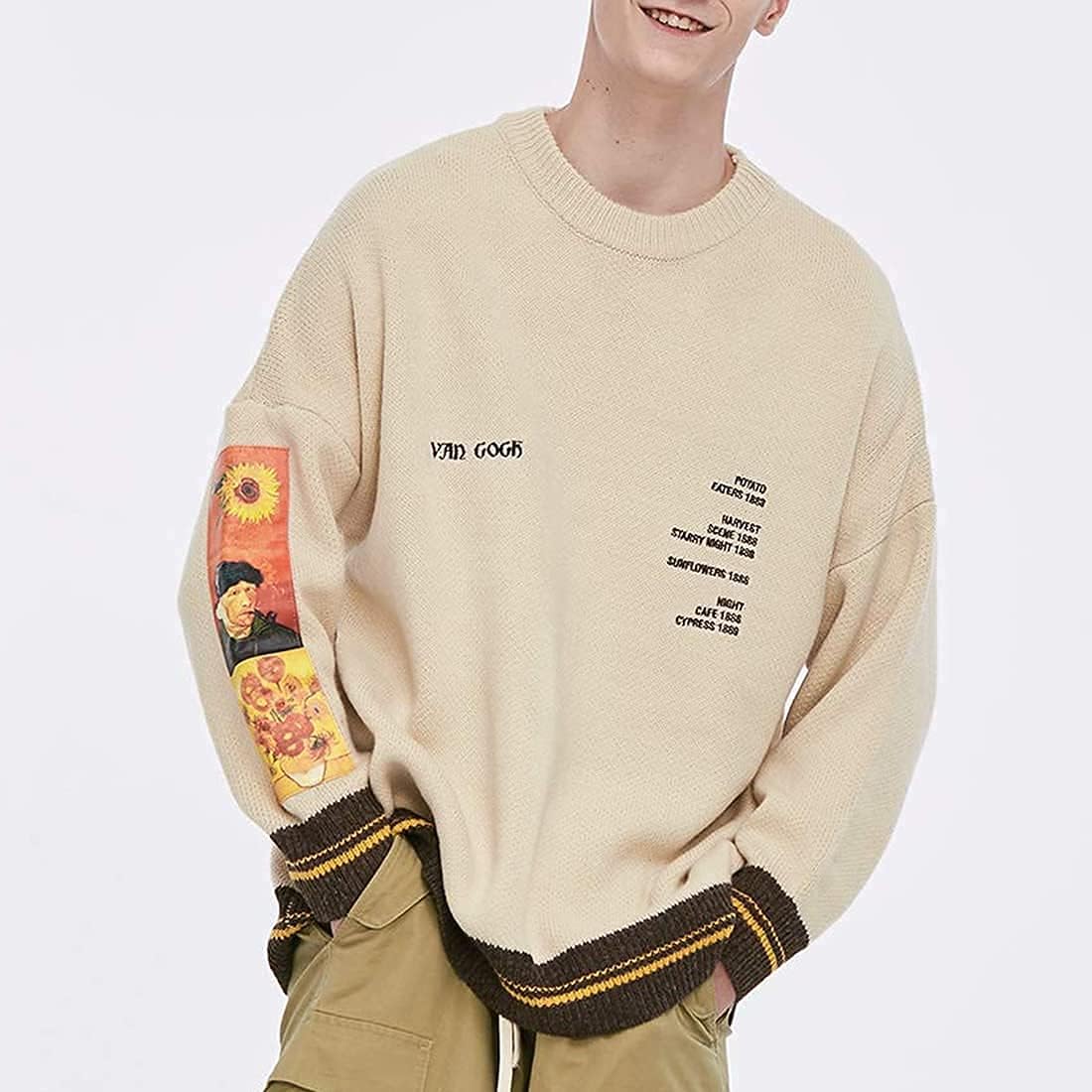 Aelfric eden mens long sleeve van gogh printed cable knit sweaters casual oversized sweater pullover Clearance