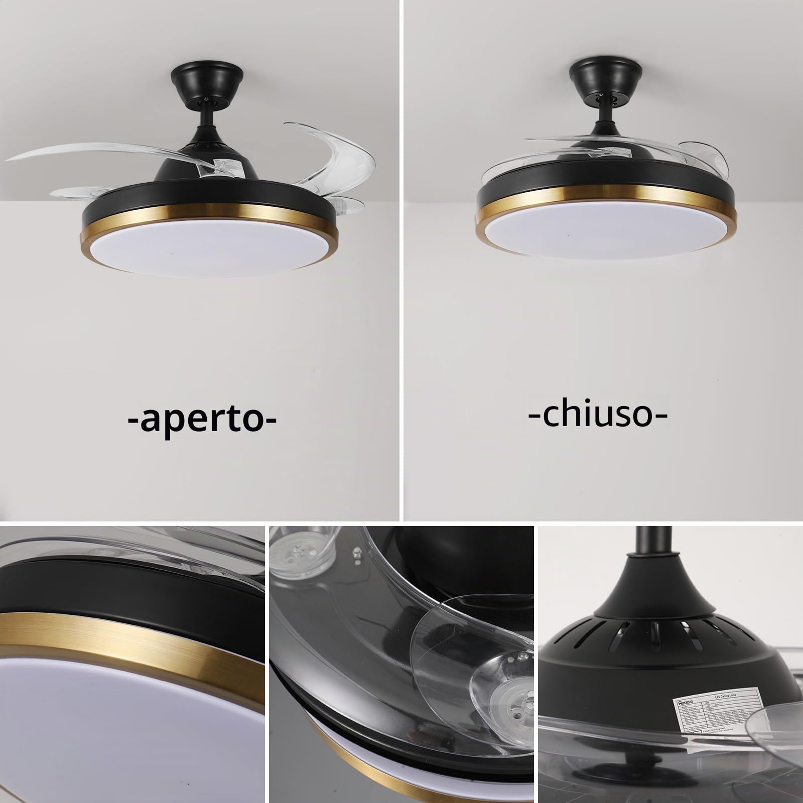 24W Ventilatore da soffitto con Telecomando, Dimmerabile Ventilatori a Soffitto con Altoparlante Bluetooth e Reversibile, Ventilatore da Soffitto con Lampada e pale a scomparsa per Camera da Letto
