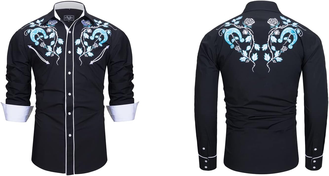 EL PIONERO Men's Floral and Horseshoe Embroidered Long Sleeve Retro Western Cowboy Shirt - Image 5