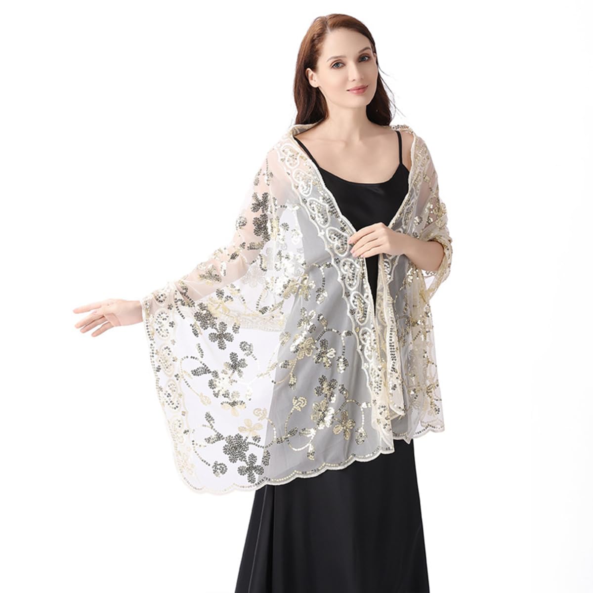 Lumisyne Women's Light Beige Sequin Shawls And Wraps For Evening Dresses Sparkling Sequin Embroidery Floral Pattern Lace Sheer Lightweight Scarf Elegant Wrap Stole For Bridal Bridesmaid Wedding Party