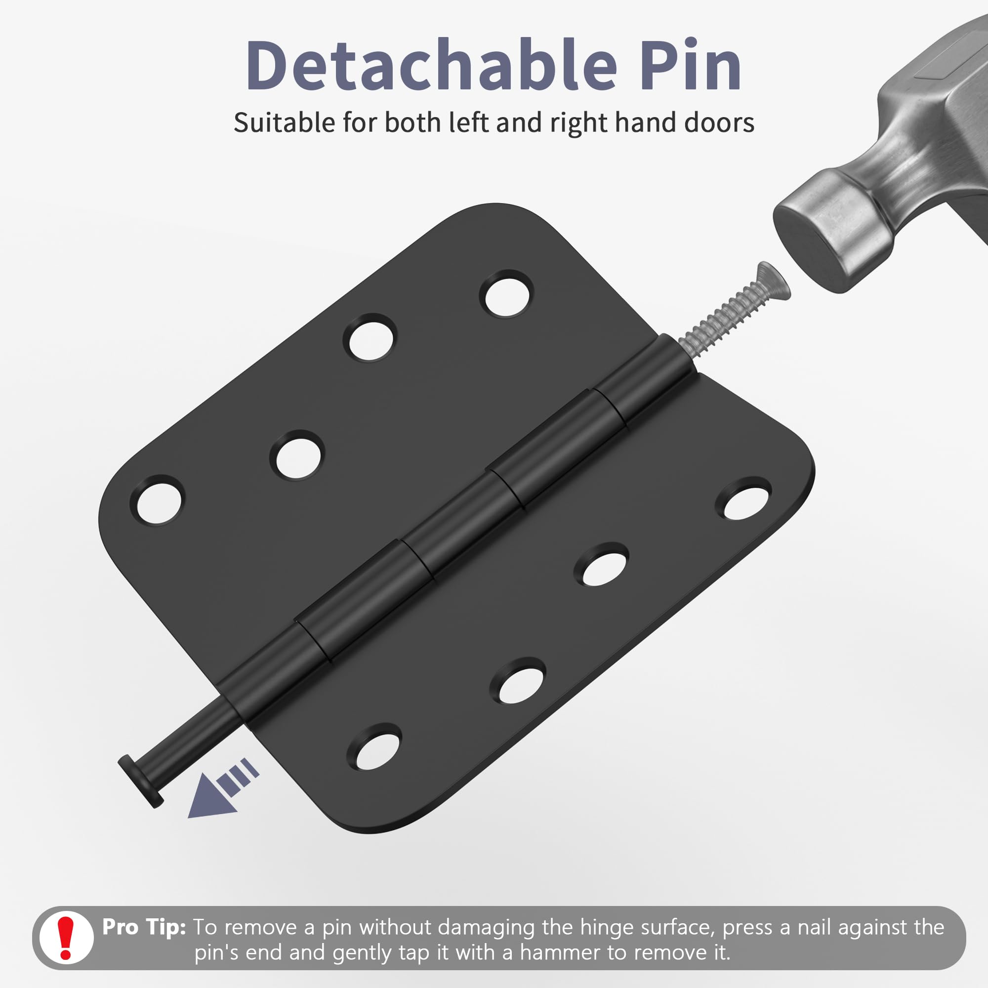 Paquete de 6 bisagras de puerta de 4 pulgadas, bisagras negras mate con radio de 5/8 pulgadas y esquinas cuadradas, pasador extraíble, bisagras de puerta exterior, perfectas para puerta delantera y
