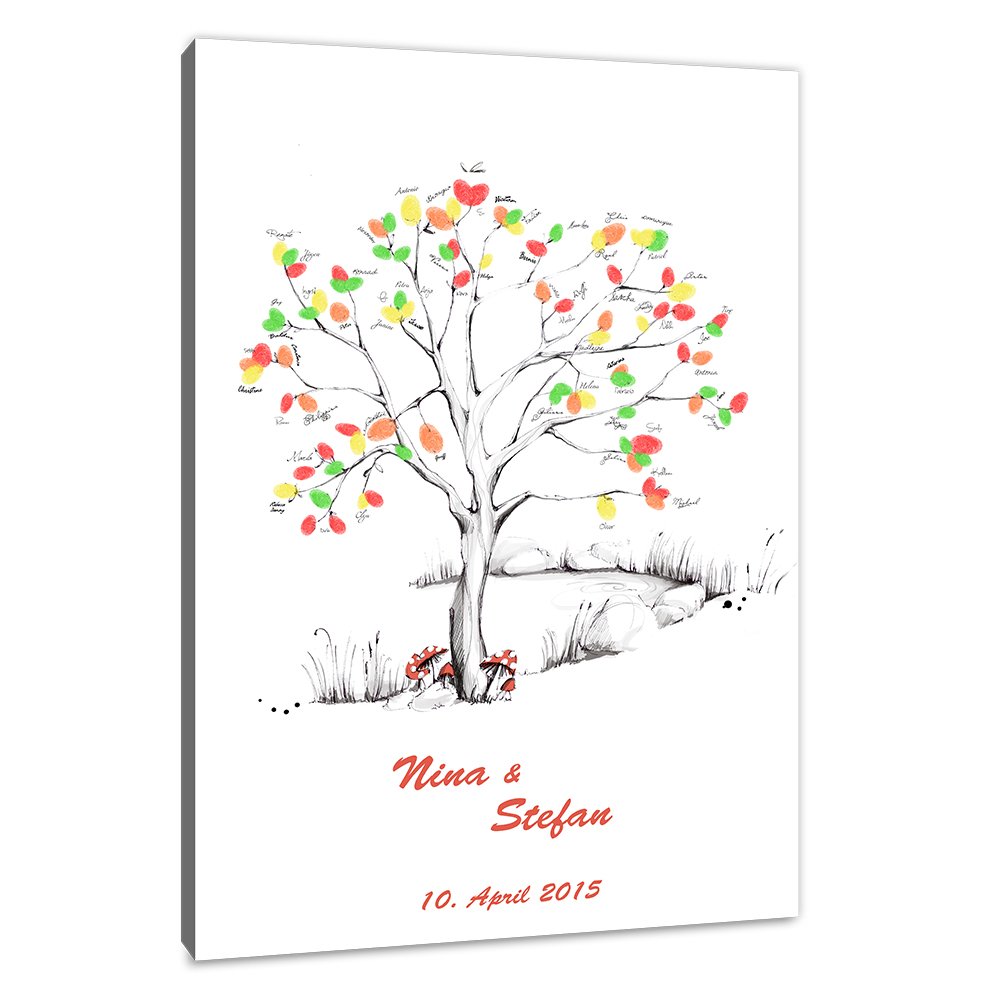 Hochzeitsbaum Fingerabdruck 60x40 mit NAMEN & DATUM - INKL Zubehör-Set (Stempelkissen+Stift+Anleitung+Hochzeitsbuch+...) - Wishingtree Gäste - Fingerabdruck Baum Leinwand