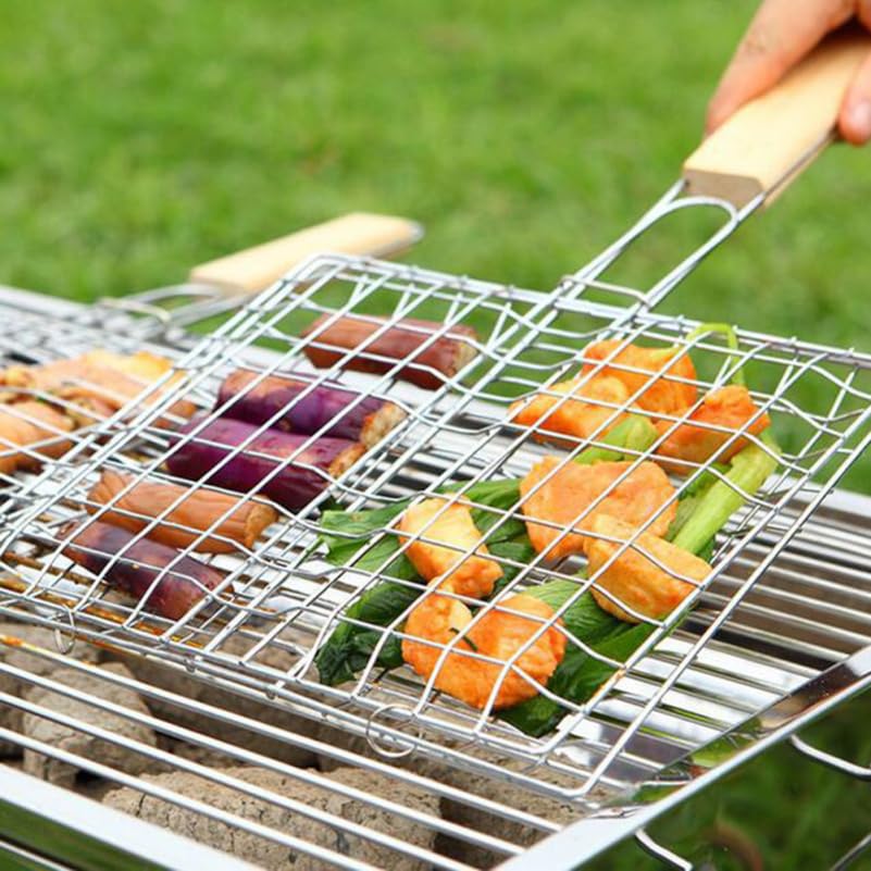 MERRYHAPY 2pcs Stainless Steel Barbecue Net Square Foldable BBQ Grill with Wooden Handle Outdoor Picnic BBQ Accessory for Even Cooking and Easy Cleaning