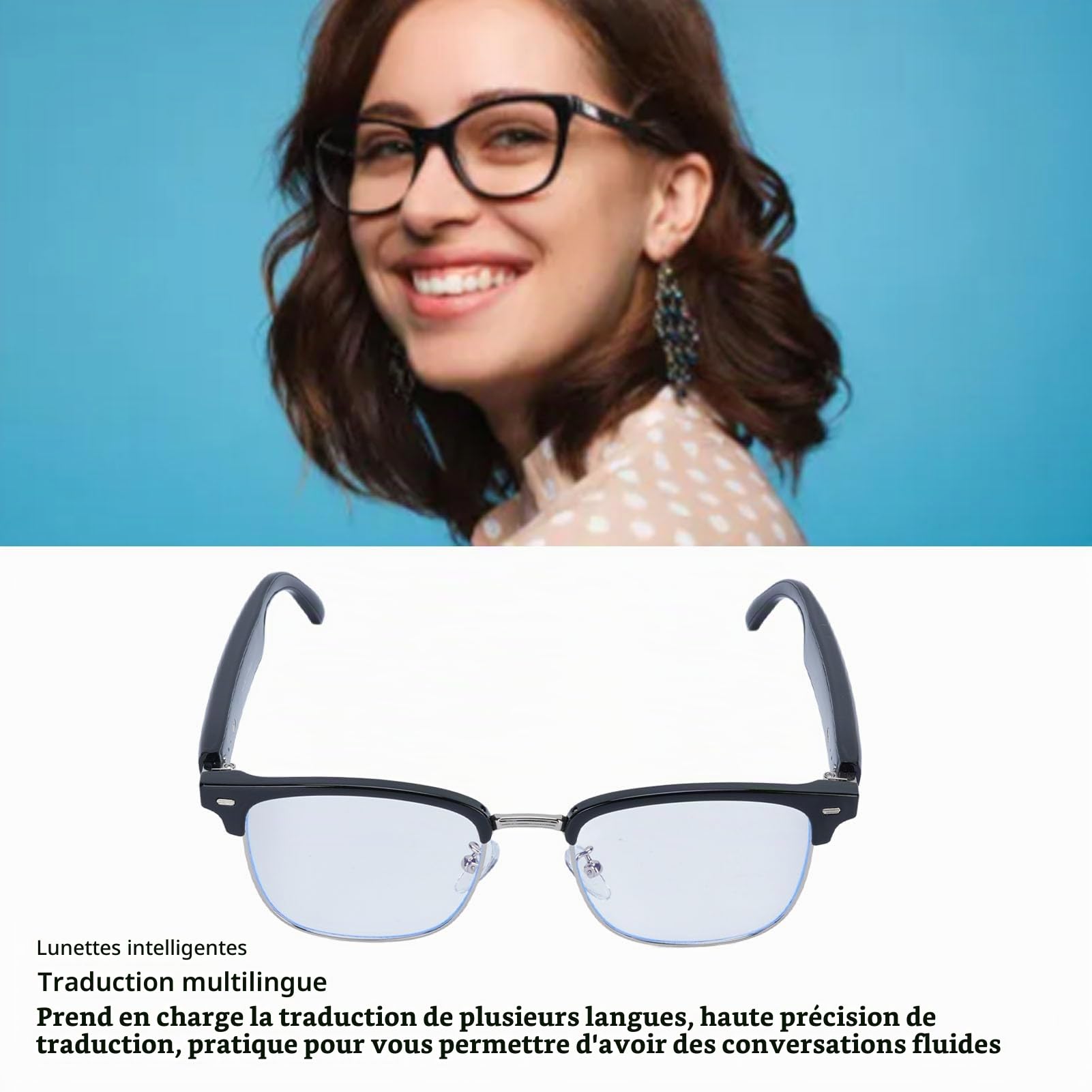 Lunettes Intelligentes, Lunettes de Traduction AI Anti-lumière Bleue avec Haut-Parleur Microphone, Lunettes de Traduction Vidéo en Temps Réel, Lunettes Bluetooth Intelligentes de