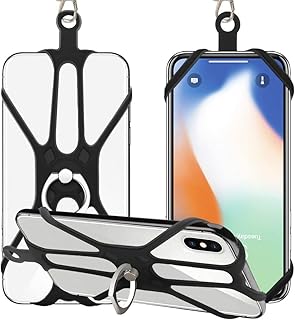 SHANSHUI Phone Lanyard, Silicone Waterproof Soft Lanyard Universal Adjustable Cell Mobile Phone Lanyard Neck Strap Holder Finger Ring Stand Compatible with most smartphone (Black)