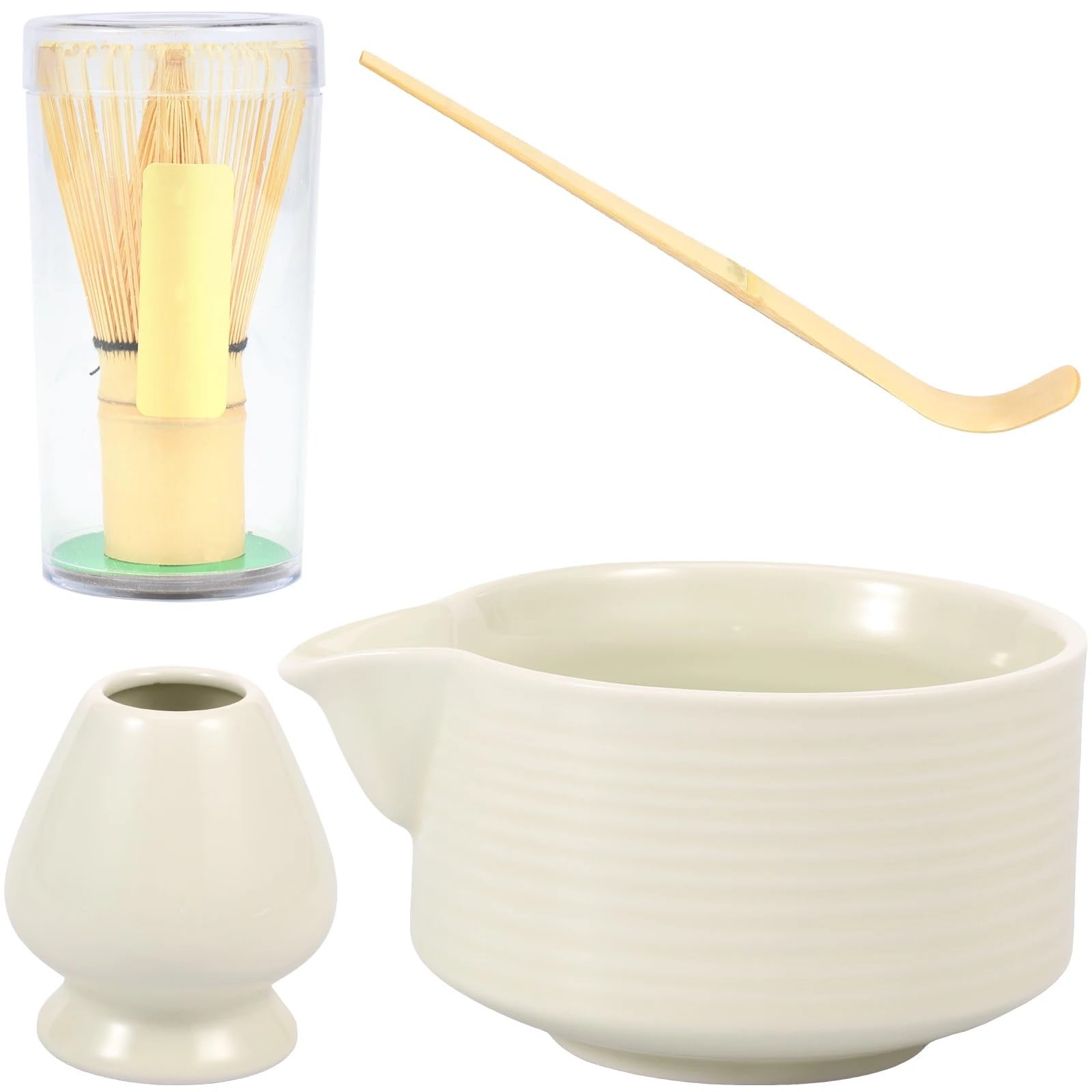 Juego de 4 herramientas for preparar té matcha, batidor de matcha, con cuchara, soporte y cuenco for principiantes y entusiastas. Juego de Té Matcha(White)