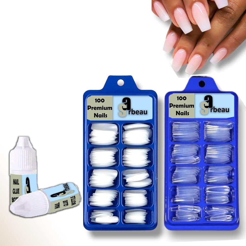Sarbeau 200-Pcs Artificial Nails Set for Women & Girls β White & Transparent Fake Nail Tips with Nail Glue β DIY Manicure Kit for Salon & Home Use