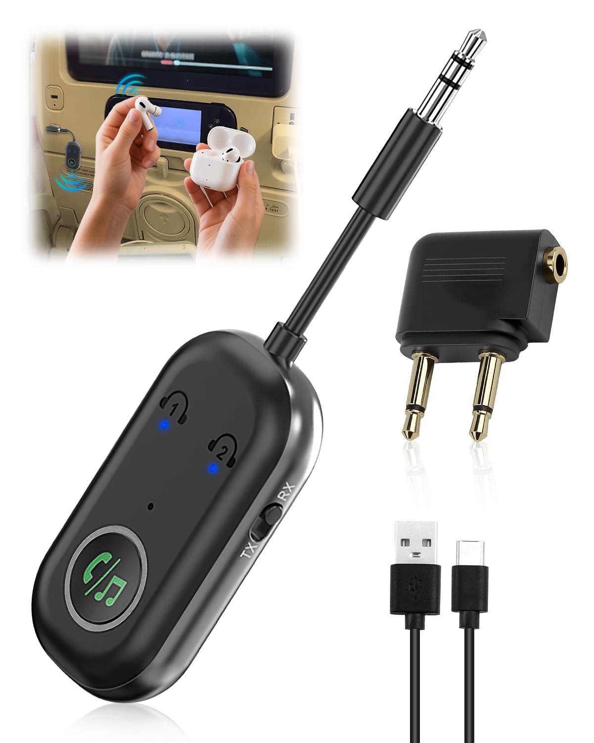 Adaptateur Bluetooth Avion 5.3, Transmetteur Récepteur 2 en 1, 3,5 mm AUX pour TV, Voiture, Casque