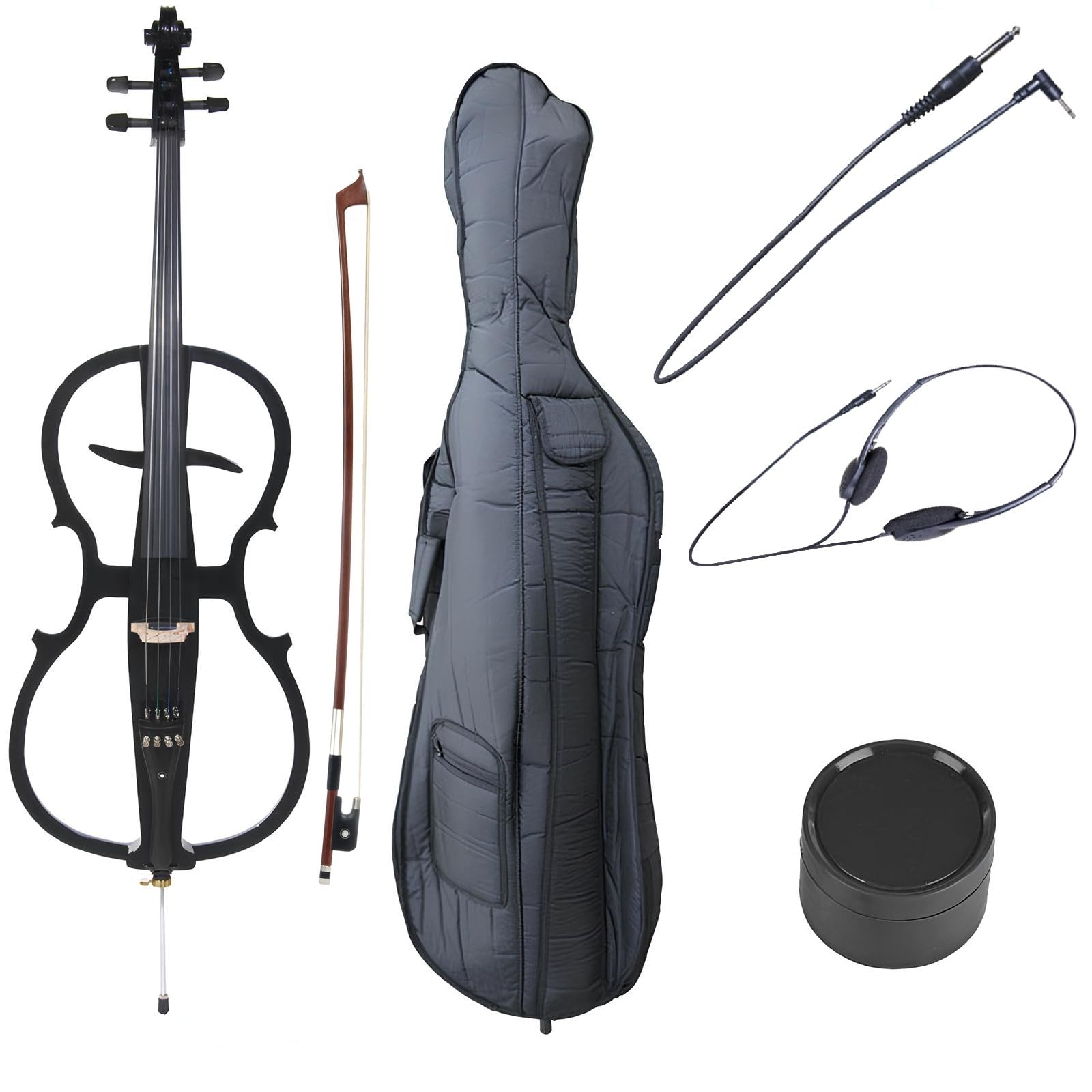 Cecilio 4/4 Electric Cello with Ebony Fittings, Professional Silent Electric Cello Kit with Bow, Rosin, Aux Cable and Headphone, Musical Instrument for Beginners, Black Metallic