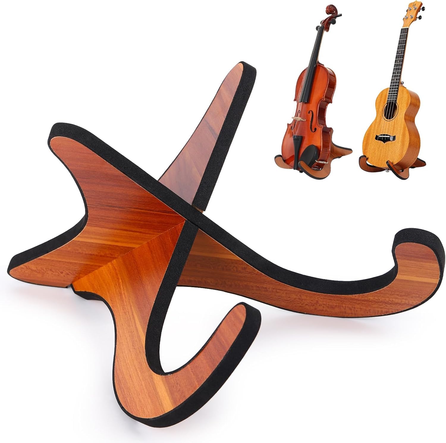 Yeqqzq Wood Ukulele Stand, Wooden Portable Ukulele Stand for for Small Guitar Violins, Banjo, Mandolins, Brown