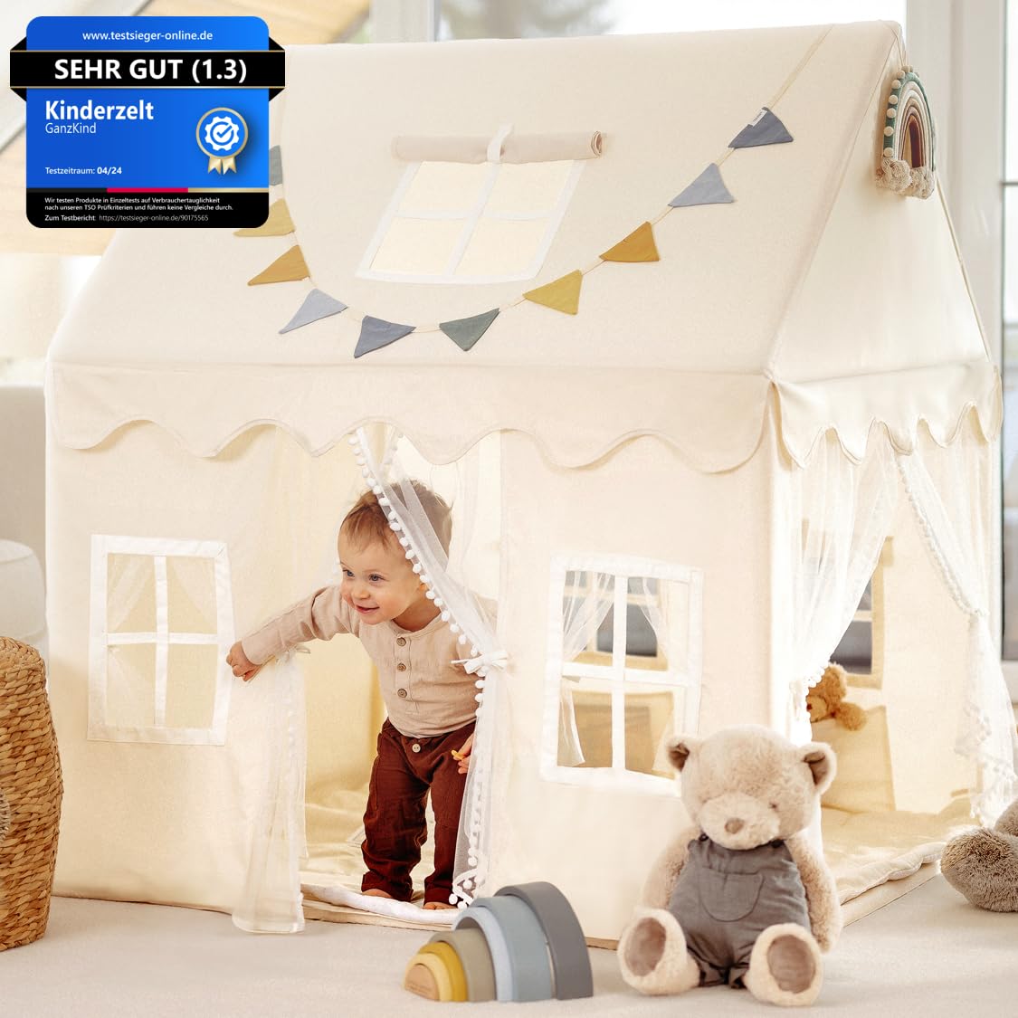 Spielhaus Kinder Indoor mit 2 Eingängen & 5 Fenstern | Kinderzelt für Drinnen, Spielzelt, Kinderspielhaus, Kinderhaus, Zelt Kinderzimmer, Kuschelecke | Mädchen & Jungen ab 3 Jahre | beige