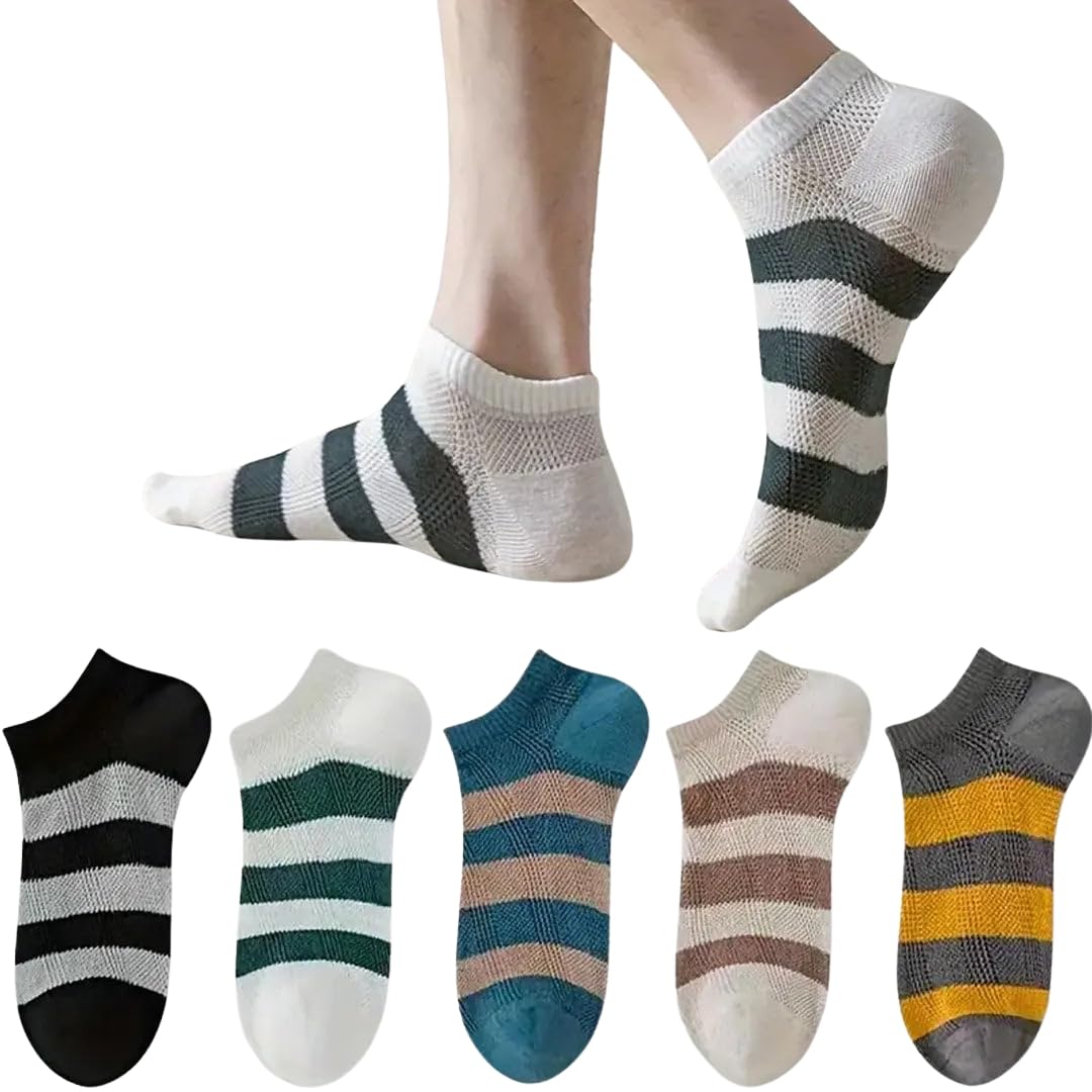 Men's Striped Ankle Socks, Cotton, Breathable Mesh, Non-Slip Grip, Soft Elastic Cuff, Athletic, Pack of 5-image-33