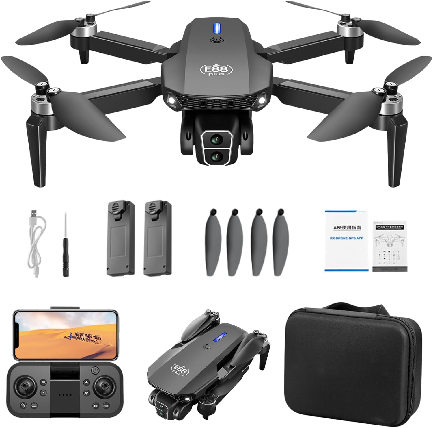 Beginner Drones with 90° Adjustable Dual HD Camera, Foldable Mini RC Quadcopter Under 250g, Brushless Motor, Optical Flow Positioning, Dual Battery, Headless Mode, 360° Flip E88 Plus Drone for Adults