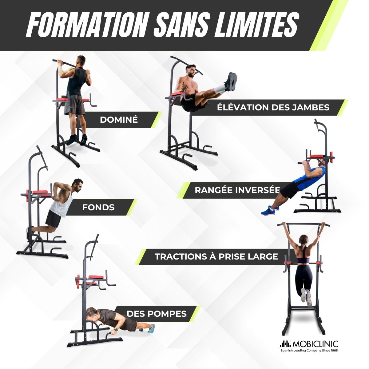 Mobiclinic®, Chaise Romaine Musculation, Réglable sur 8 Hauteurs, Power Tower Dip Station, Dossier Réglables, Tour de, Robuste, Sport Maison, Traction, Pull Up, Multifit