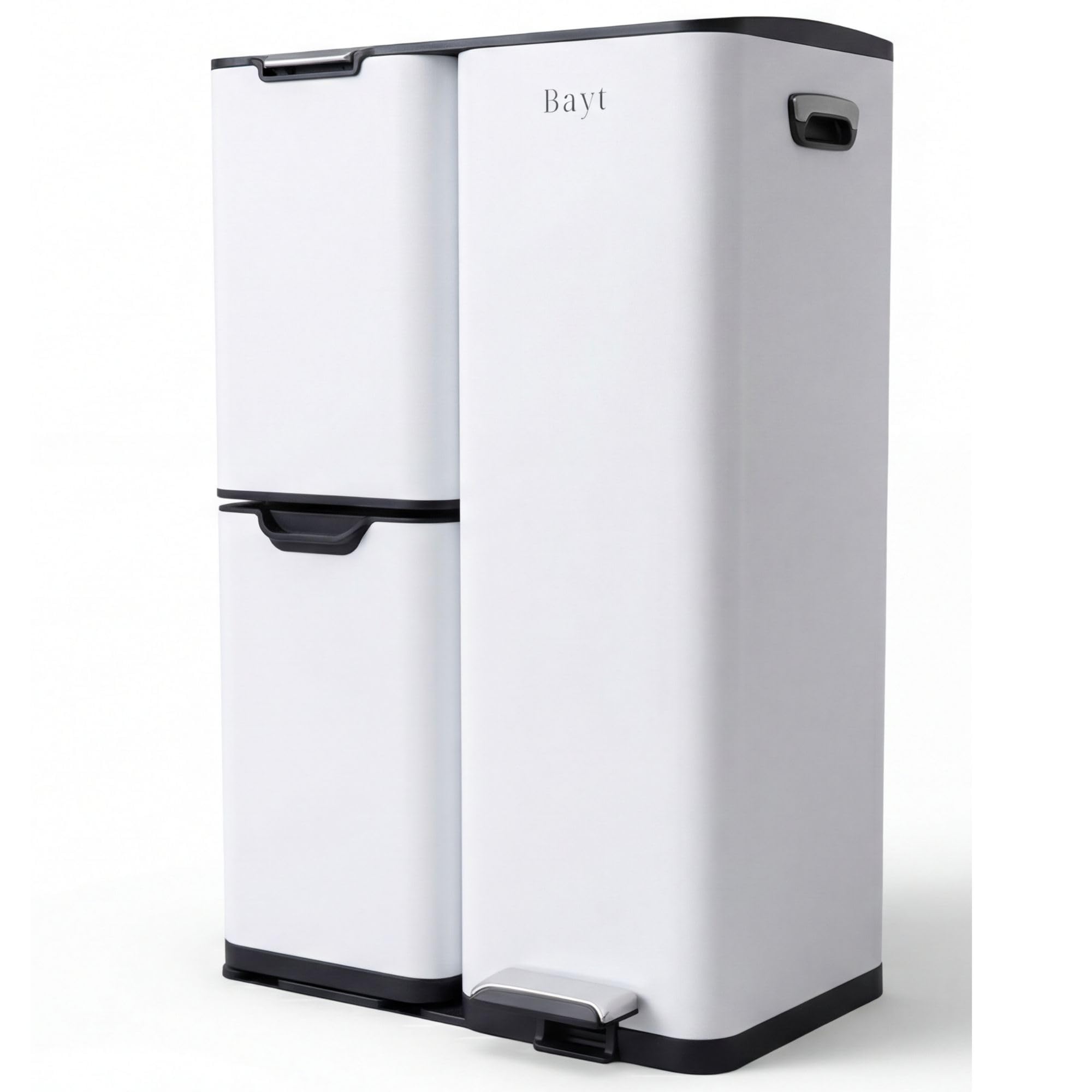 Bayt Poubelle Cuisine 60 Litres - Poubelle Tri Selectif Cuisine Pédale 60L | De Tri Déchets et Recyclage 3 Compartiments | Bac De Tri Inox Anti Odeur | Poubelles a Pedale 3 Bac Chambre - Blanc