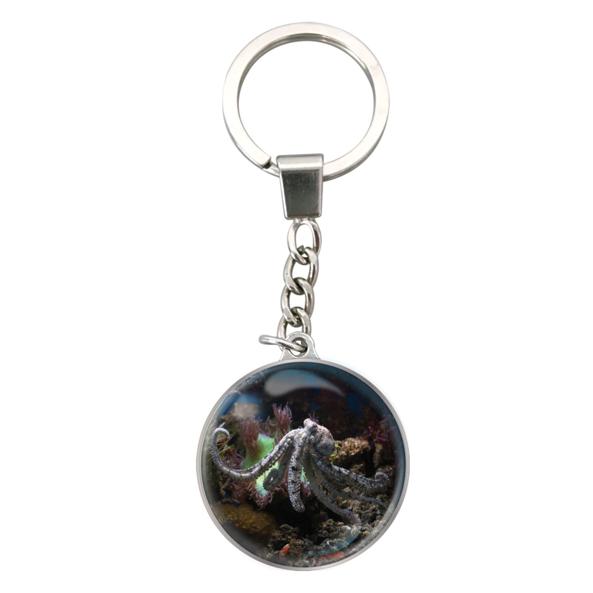 Magnidome Deluxebase Octopus Keychain – Crystal Glass Dome Animal Key Ring with Stainless Steel Chain, Cute Octopus Key Holder for Fun Bag Charms and Novelty Gifts.
