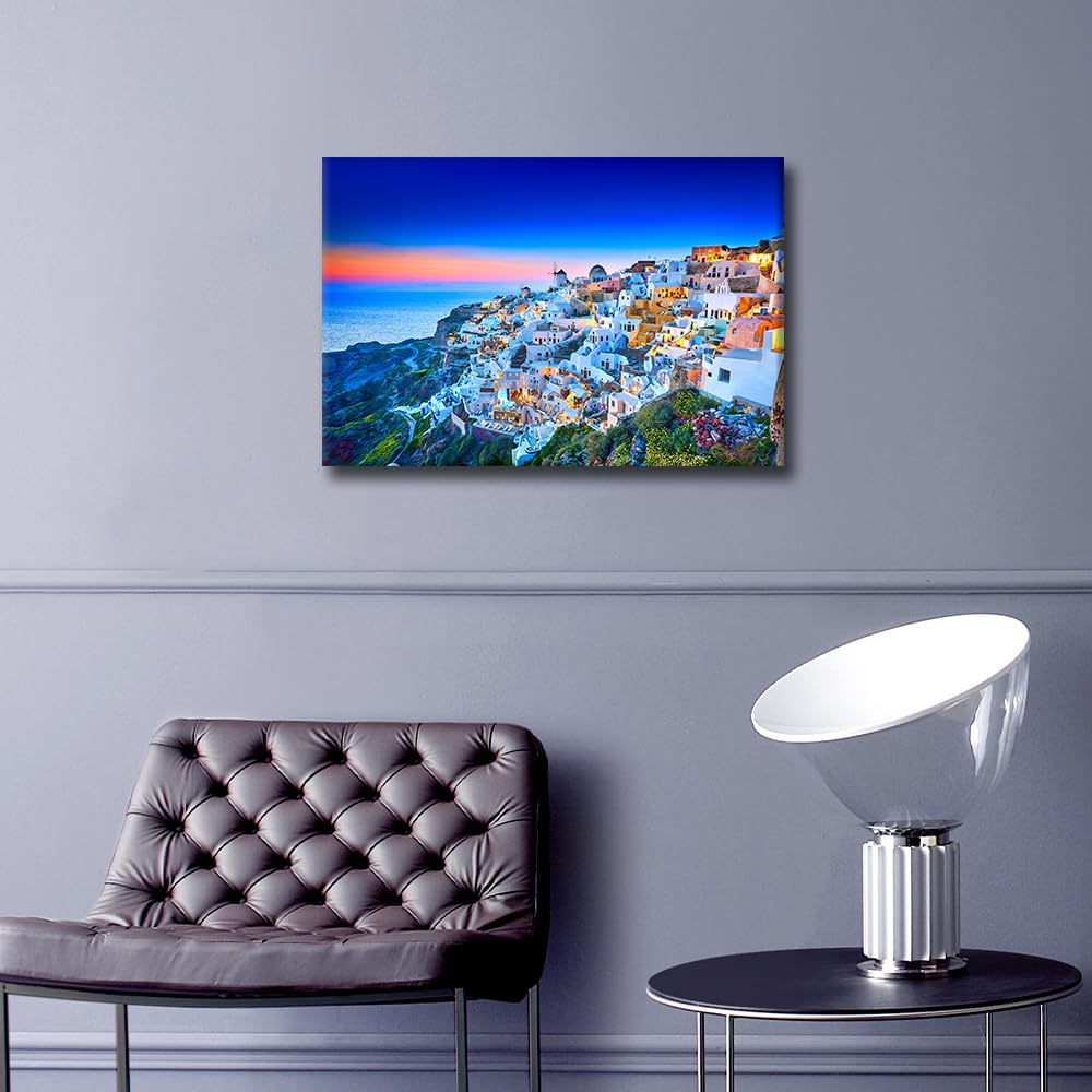 TISHIRON Europe Greece Wall Decor Santorini Island Skyline Canvas Wall Art Sunset Seaside Modern Artwork for Office Picture Print on Canvas Wall Decorations Framed Ready to Hang for Bedroom 24x16in - Image 3