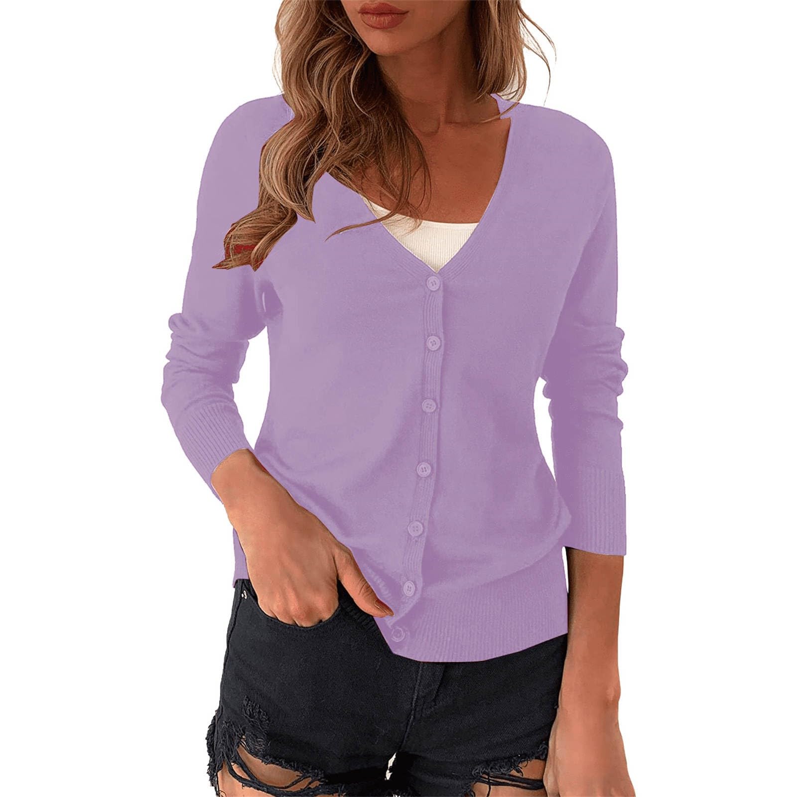 Cardigans para mujer elegante cárdigan casual manga larga suéter de punto estrecho transpirable con botones chaqueta camisa con cuello en V ligero clásico cárdigan de punto con botón verano
