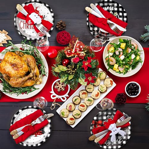 Image of Fourluoo 96 Pcs Christmas Black White Buffalo Plaid Paper Plates Disposable Peppermint Dinner Plates for Xmas Birthday Party Table Decor