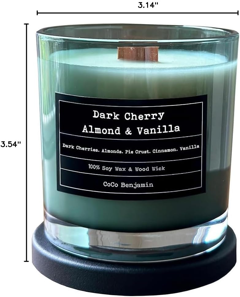 Wooden Wick, 100% Soy, Highly Scented, Hand Poured, 8 oz (Dark Cherry, Almond & Vanilla)