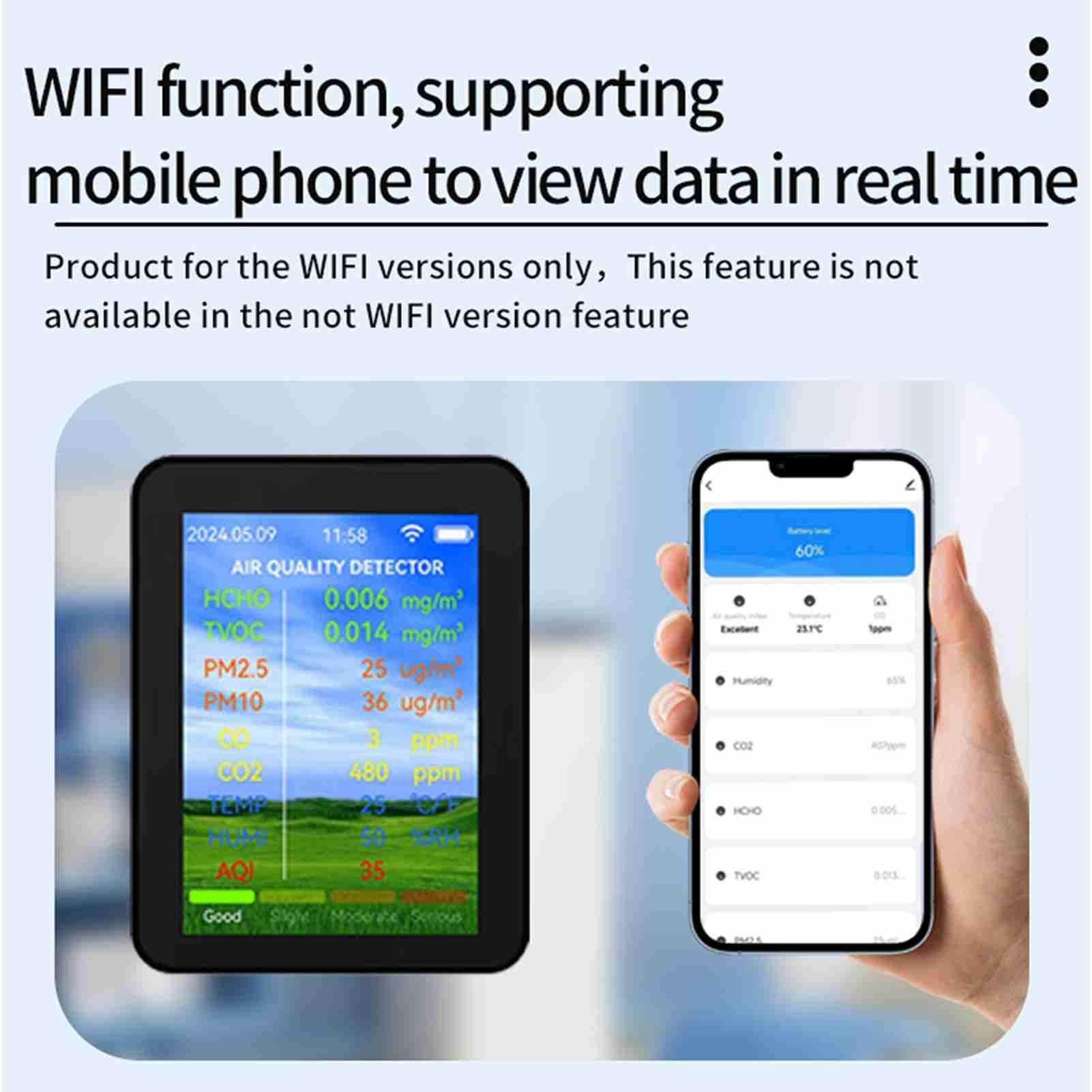 Monitor de co2, Medidor Multifuncional De Calidad del Aire WiFi, Probador Doméstico HCHO TVOC Monóxido Carbono CO2 PM2.5 PM10 para el hogar(Black)