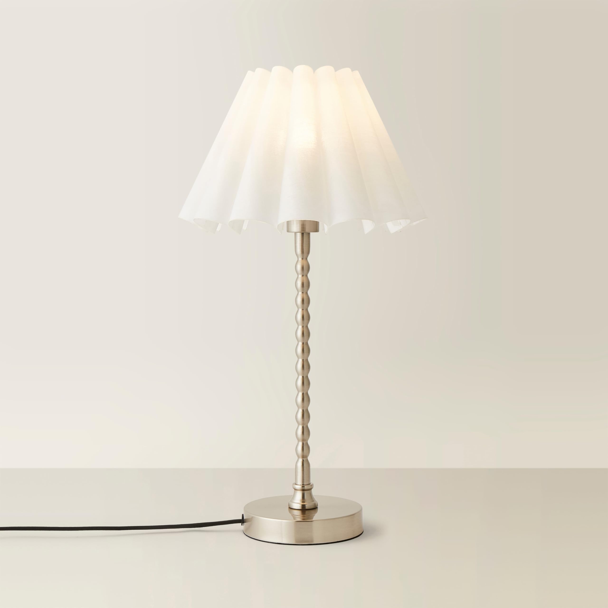 Valuelights Silver Maeve White Scallop Pleated Taper Shade Brushed Chrome Bobbin Bobbles Table Lamp In
