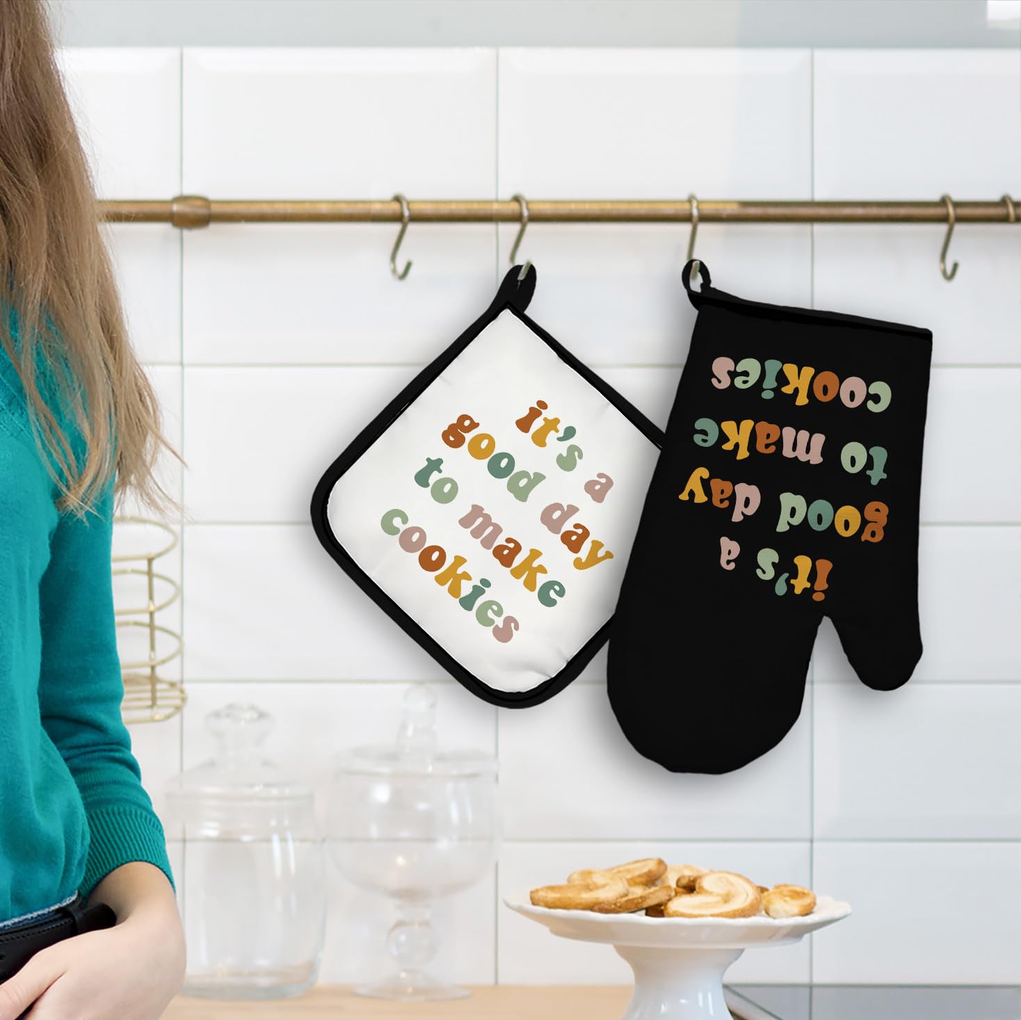 Regalos para hornear, guantes de horno y soportes para ollas, regalos para hornear para mujeres, regalos para amantes de las galletas, resistente al calor, decoración de cocina para niñas, día 3