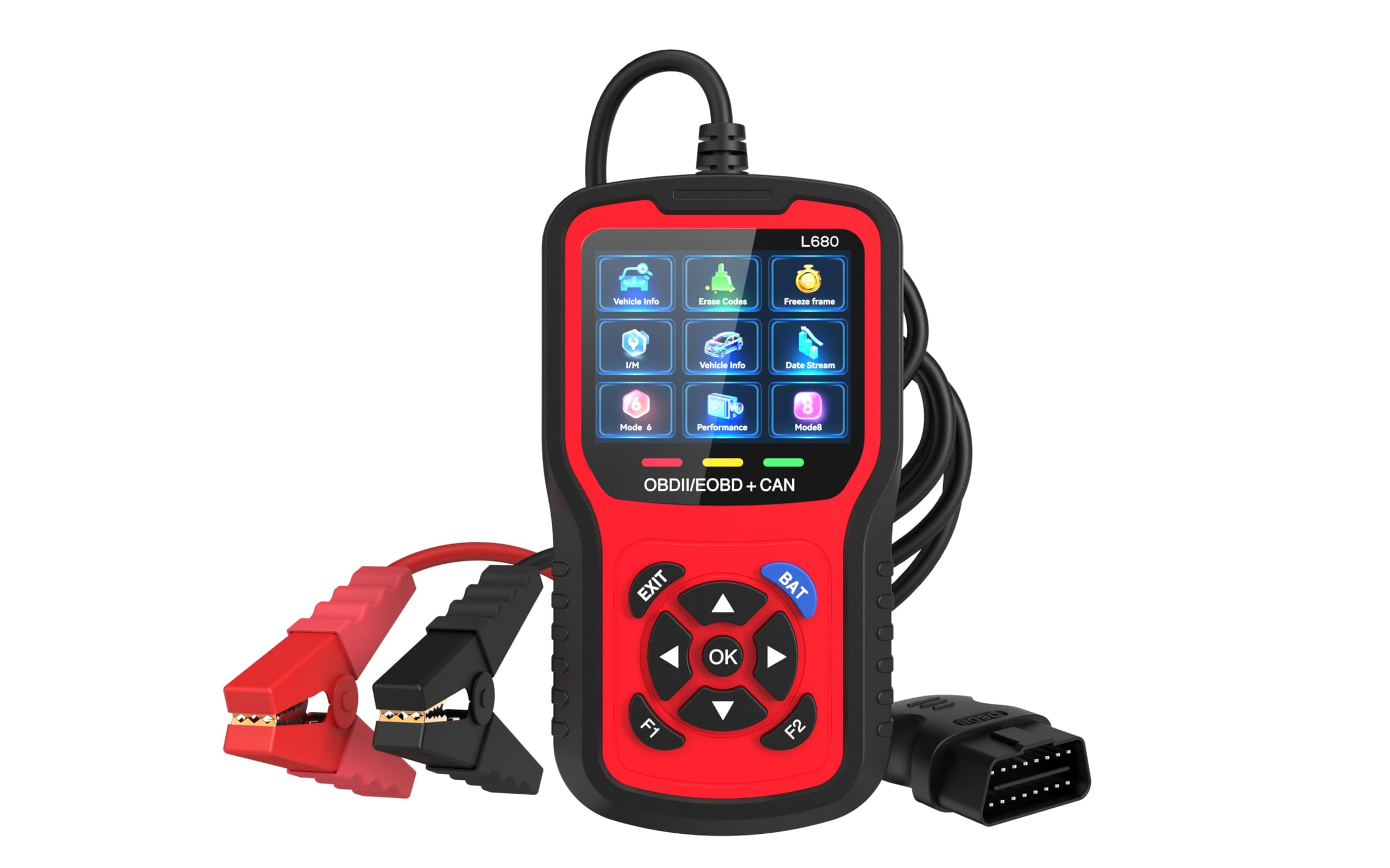 OBD2 Diagnosegerät, KFZ Fehlerauslesegerät mit Batterietester, OBDII/EOBD Auto Scanner, Fehlercodes lesen und löschen, Live Daten, 12V/24V Batterieprüfung, 13 Sprachen.