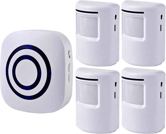 Seanme Motion Sensor Alarm, Wireless Driveway Alarm, Home Security Business Detect Alert with 4 Sensor and 1 Receiver,38 Chime Tunes - LED Indicators for Indoor Use