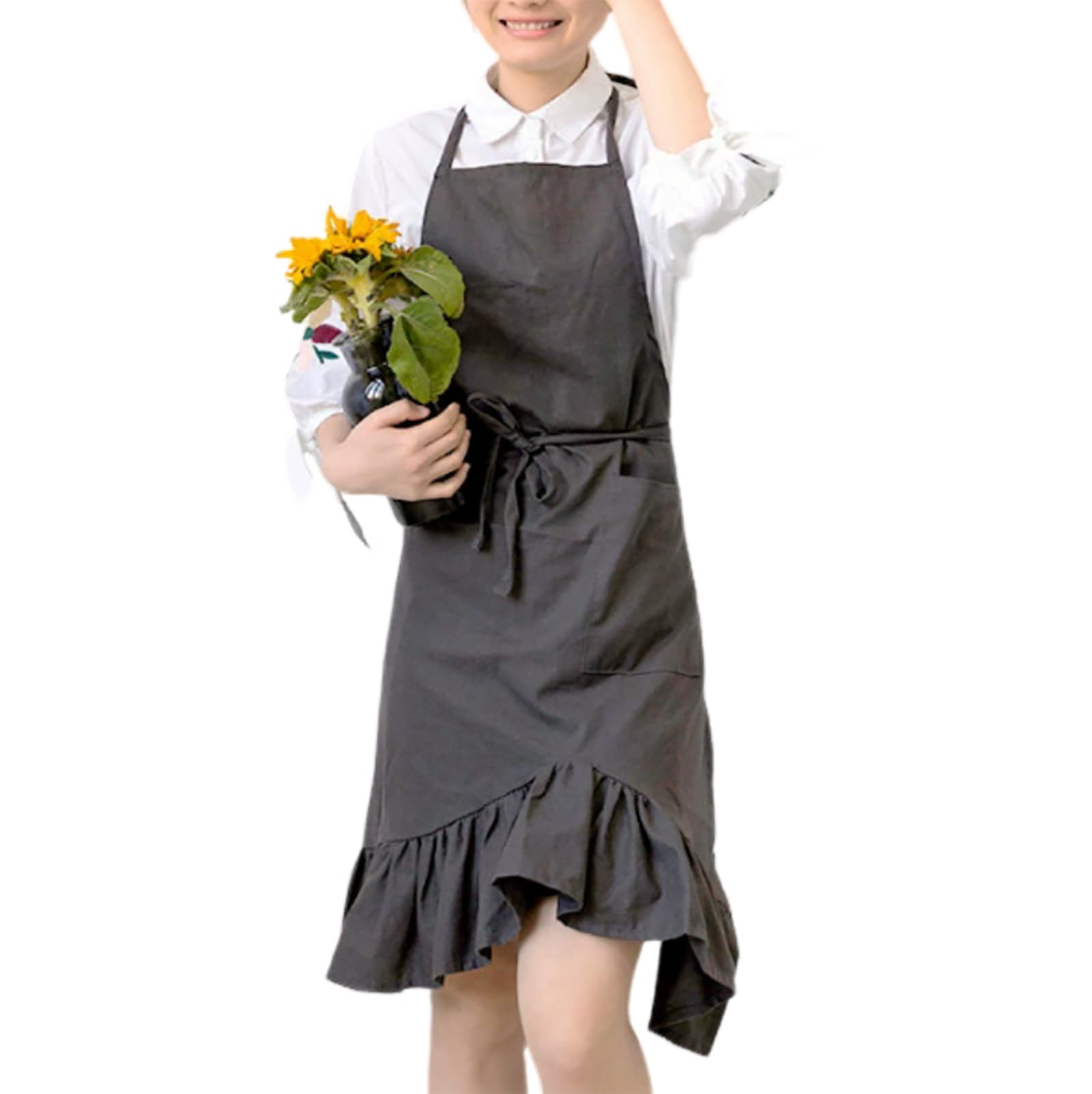 Damski Fartuch Kuchenny, Fartuch Z Bawełny I Lnu, Regulowany Fartuch Typu Rybi Ogon, Z Kieszeniami, Do Gotowania I Pieczenia Grey,One Size