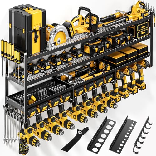 POKIPO 49' W Large Power Tool Organizer Wall Mount, 4 Layer Heavy Duty Loads 800 lbs, Tool Rack Holds 12 Cordless Drills, Large Capacity Battery Holder for Garage Storage, Christmas Gift for Men