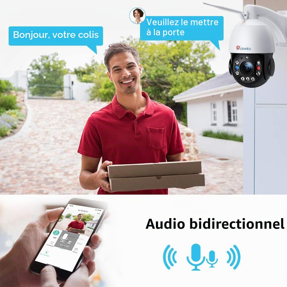 Ctronics 30X Zoom 5MP Caméra Surveillance WiFi Extérieure Caméra IP Détection 1920p Mouvement Uniquement Humaine Vision Nocturne 150M Rotation 355 °90° Alarme Sonore Audio Bidirectionnel | Détection Humaine& Auto Cruise/Zoom, Vision Nocturne 150M, PTZ 355