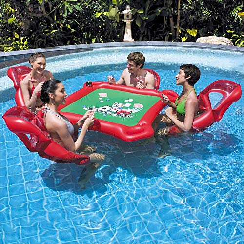 WXH La Mesa Inflable de póquer para la Piscina, la balsa Flotante de los Juguetes de la Piscina, Incluye 4 sillas flotantes para el salón Póquer y fichas Impermeables, portavasos incorporados