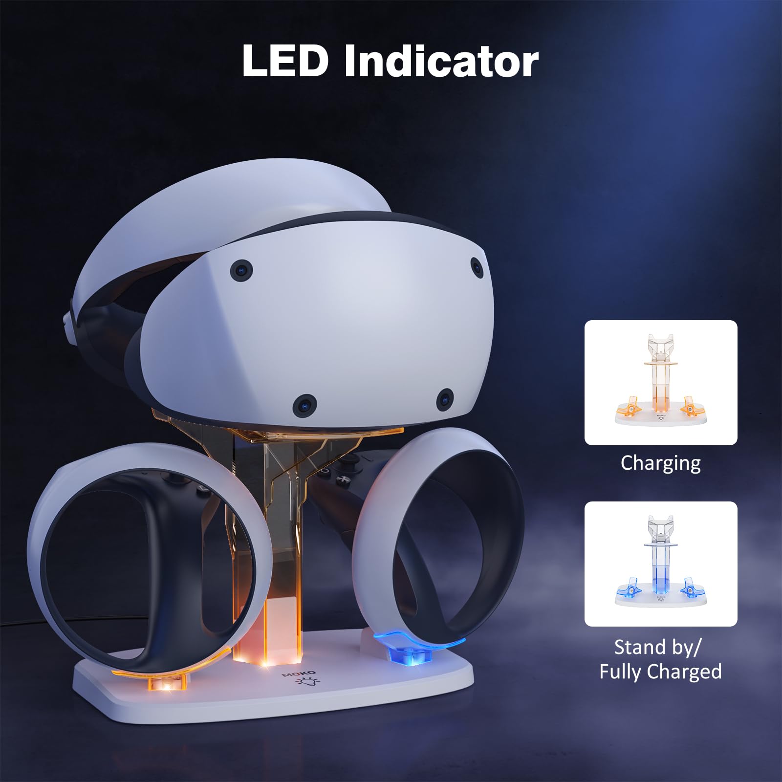MoKo Stazione di Ricarica Compatibile con PlayStation VR2, con Supporto per Cuffie VR, Caricabatterie di Controller VR2, Protezione da Sovraccarico, Luce LED, Dock di Ricarica per PS VR2
