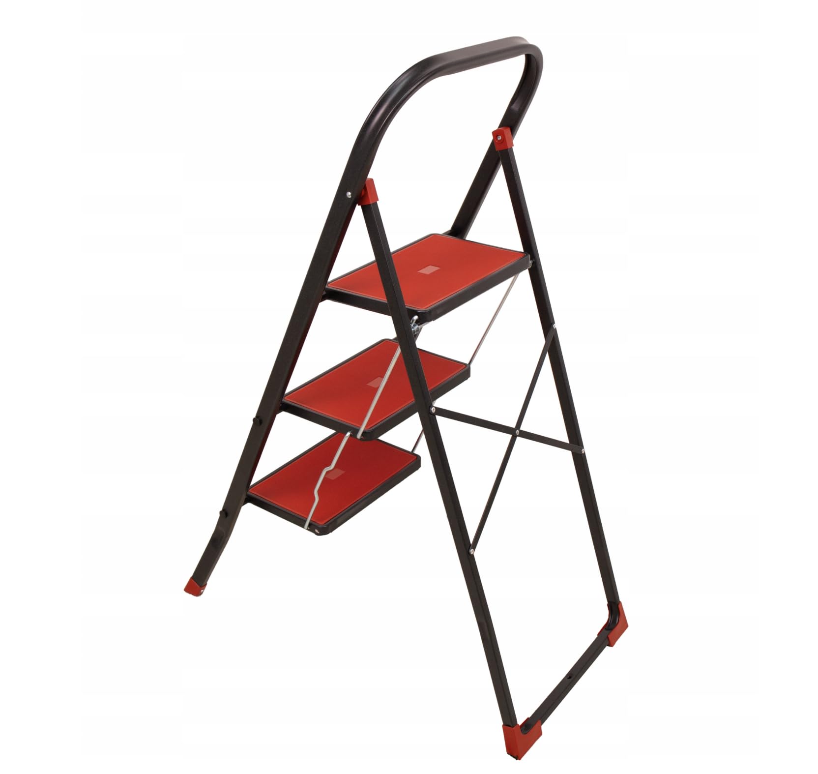 Escabeau pliable à 3 marches – échelle de ménage stable jusqu’à 150 kg, pliable, surfaces de marche antidérapantes, peu encombrante et sûre (Rouge-Noir)
